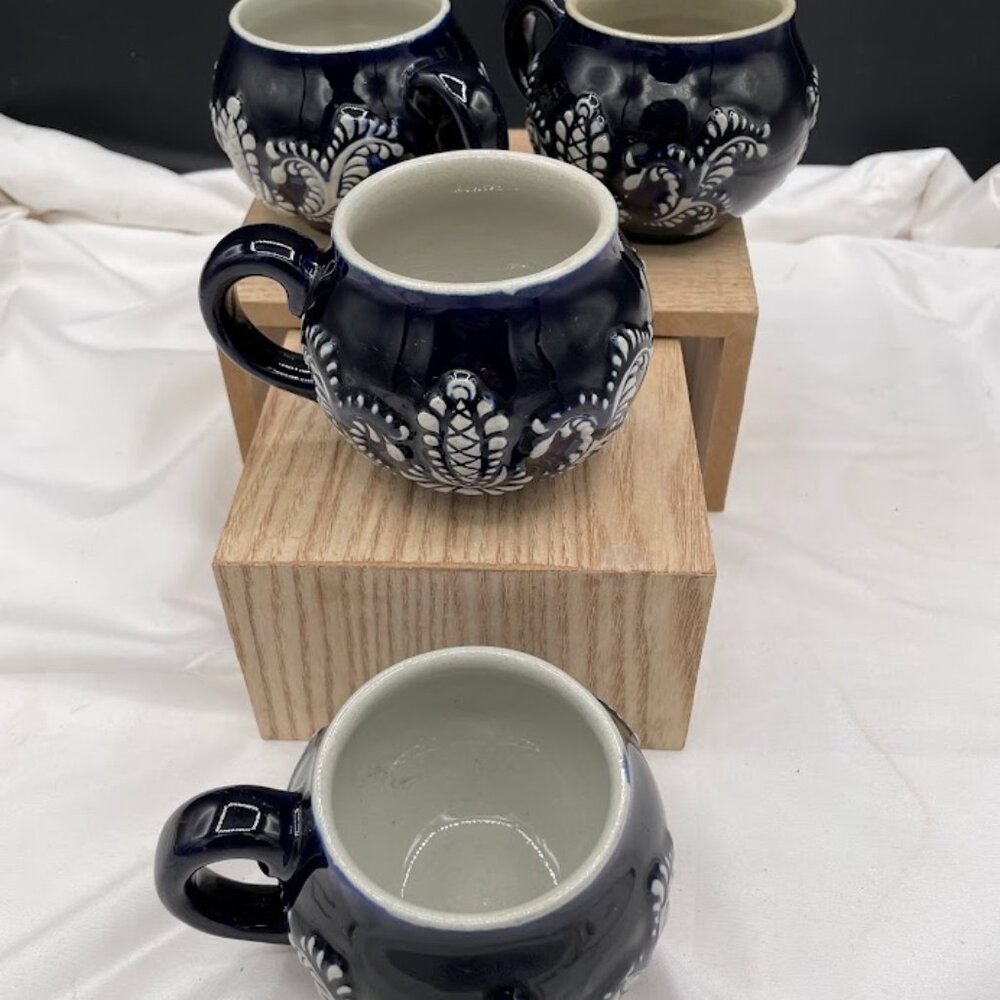 Set of 4 Wick-Werke Germany Cobalt Blue Mugs Cups Floral Leaves Pineapples